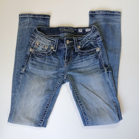 Miss Me Signature Straight Leg Jeans Size 24 Distressed Rhinestone Sequin Pocket - Picture 2 of 16